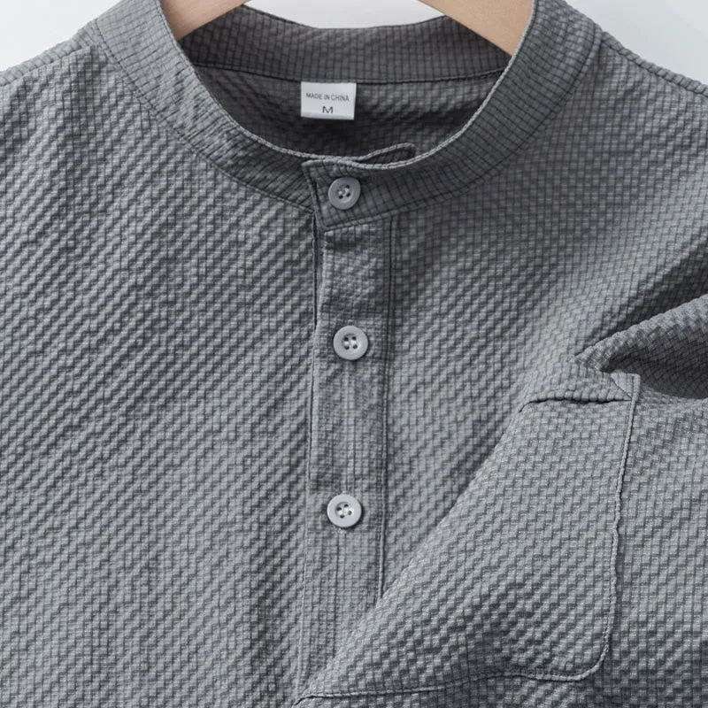Buddha Stones Solid Color Polo Plaid Half Buttons Men's Short Sleeve Shirt