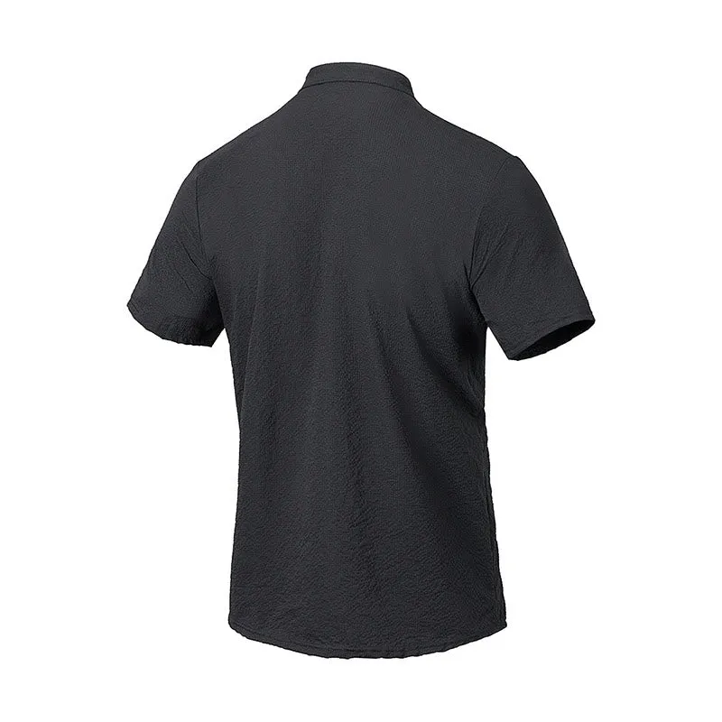 Buddha Stones Solid Color Polo Plaid Half Buttons Men's Short Sleeve Shirt