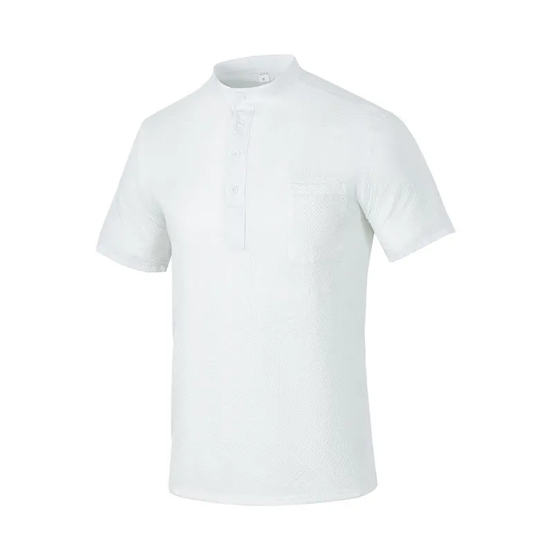 Buddha Stones Solid Color Polo Plaid Half Buttons Men's Short Sleeve Shirt