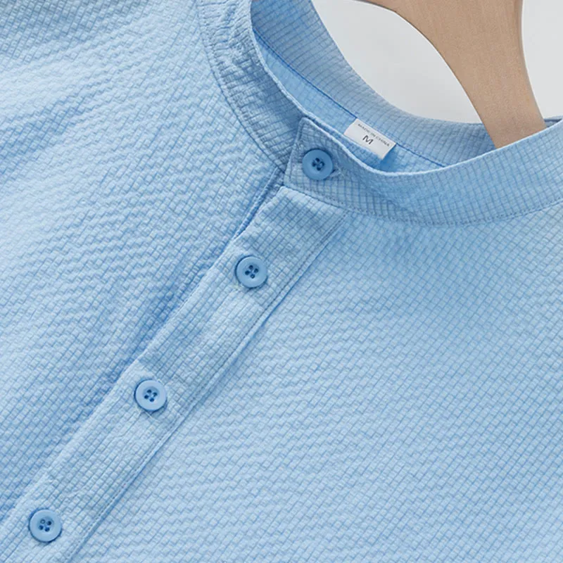 Buddha Stones Solid Color Polo Plaid Half Buttons Men's Short Sleeve Shirt
