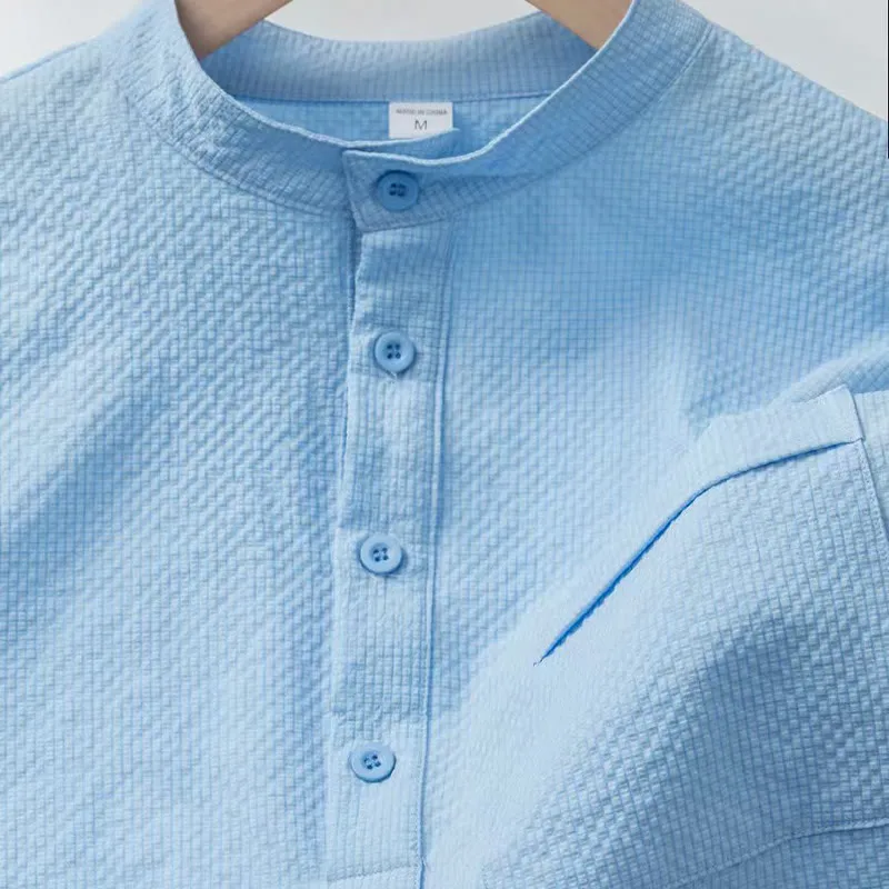 Buddha Stones Solid Color Polo Plaid Half Buttons Men's Short Sleeve Shirt
