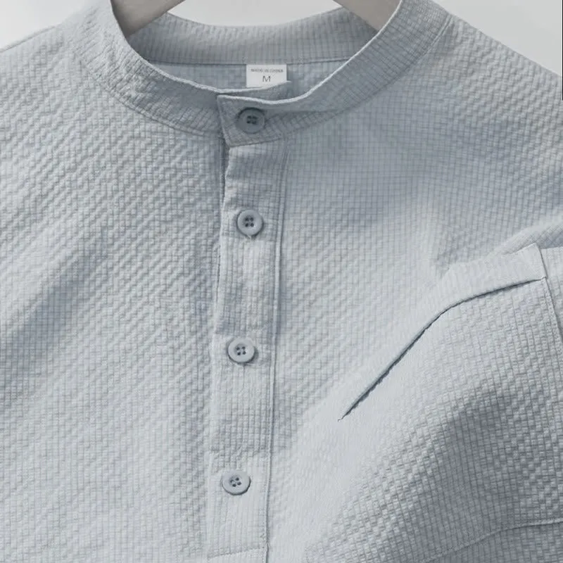 Buddha Stones Solid Color Polo Plaid Half Buttons Men's Short Sleeve Shirt