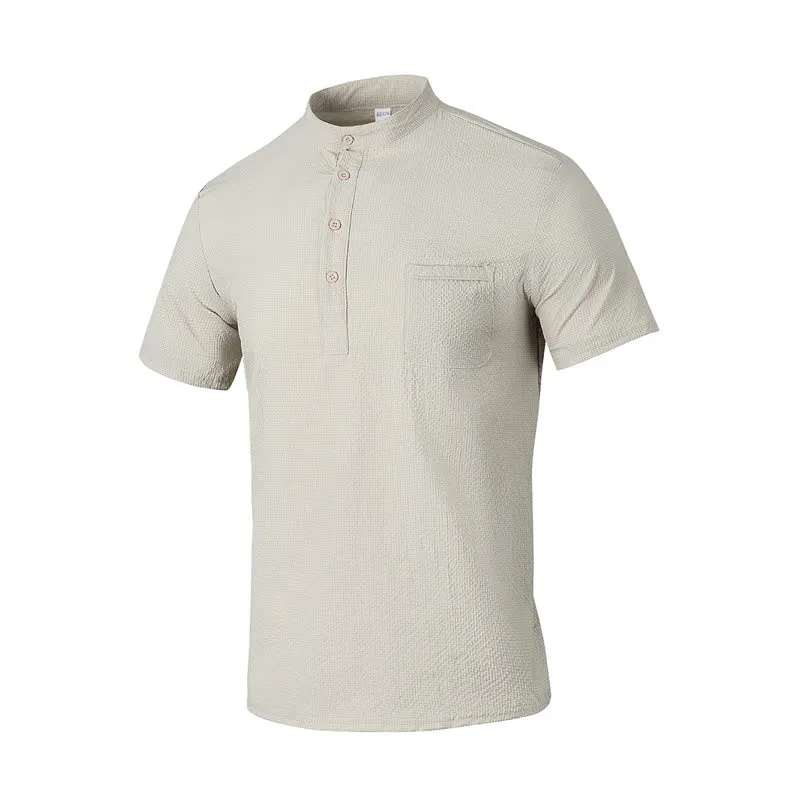 Buddha Stones Solid Color Polo Plaid Half Buttons Men's Short Sleeve Shirt