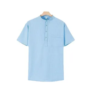 Buddha Stones Solid Color Polo Plaid Half Buttons Men's Short Sleeve Shirt
