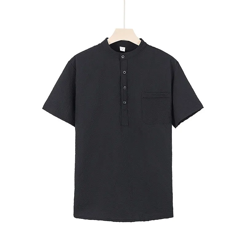 Buddha Stones Solid Color Polo Plaid Half Buttons Men's Short Sleeve Shirt