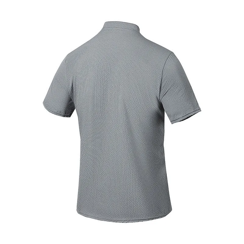 Buddha Stones Solid Color Polo Plaid Half Buttons Men's Short Sleeve Shirt
