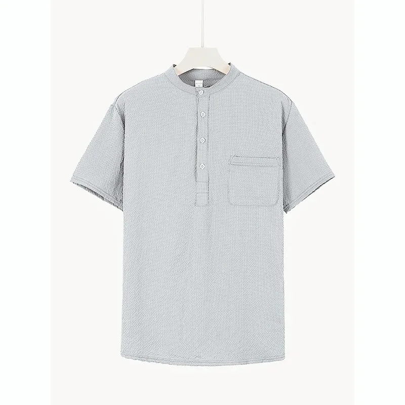 Buddha Stones Solid Color Polo Plaid Half Buttons Men's Short Sleeve Shirt