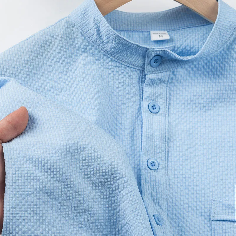 Buddha Stones Solid Color Polo Plaid Half Buttons Men's Short Sleeve Shirt