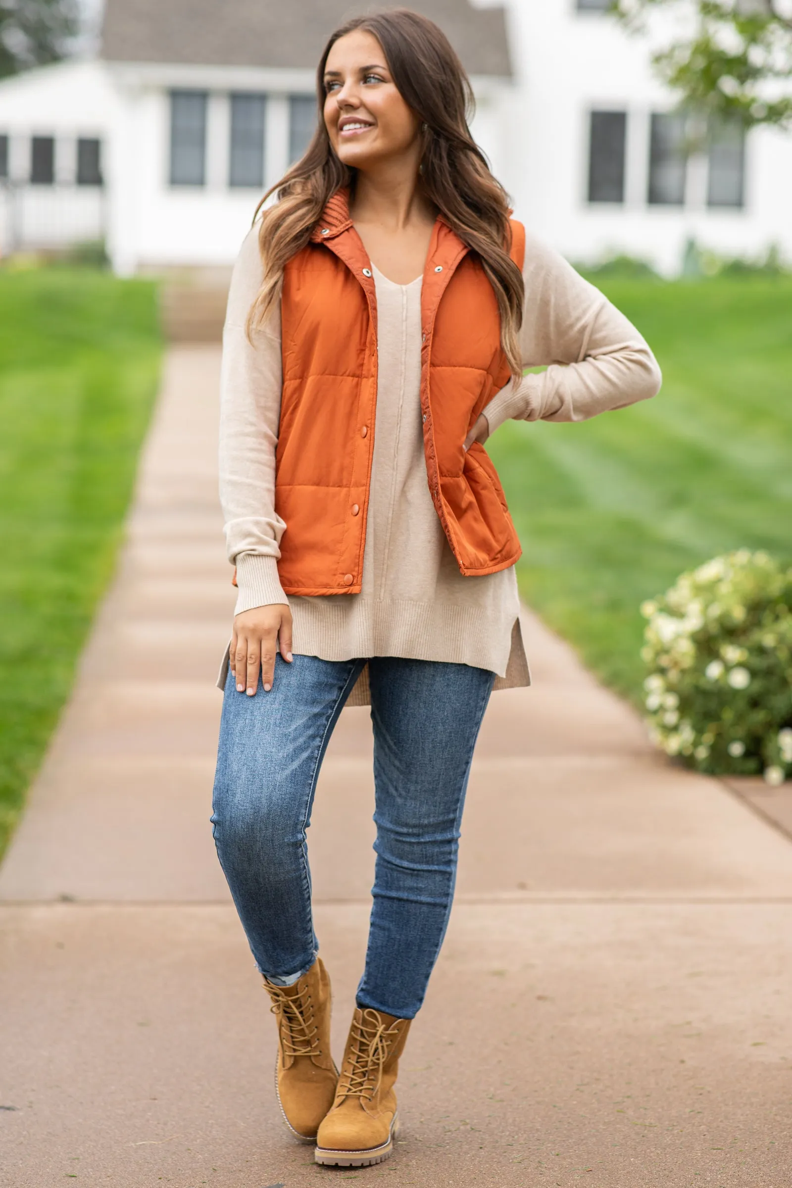 Burnt Orange Snap Front Vest With Sweater Back