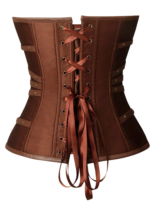 Charmian Gothic Punk Satin Boned Zipper Overbust Corset Top with Buckles