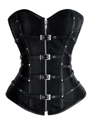 Charmian Gothic Punk Satin Boned Zipper Overbust Corset Top with Buckles