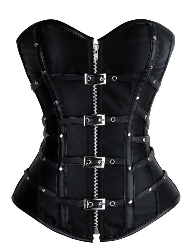 Charmian Gothic Punk Satin Boned Zipper Overbust Corset Top with Buckles