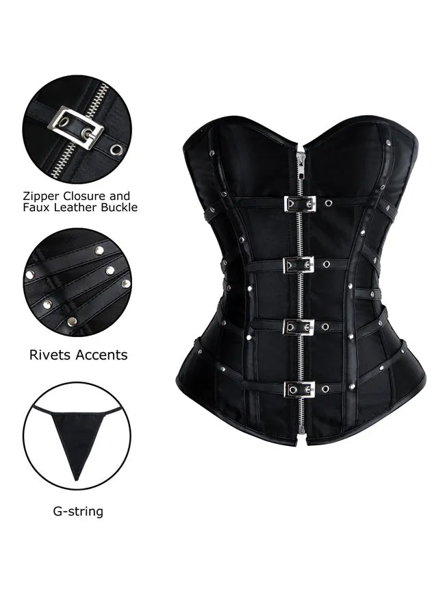 Charmian Gothic Punk Satin Boned Zipper Overbust Corset Top with Buckles