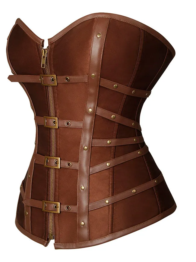 Charmian Gothic Punk Satin Boned Zipper Overbust Corset Top with Buckles