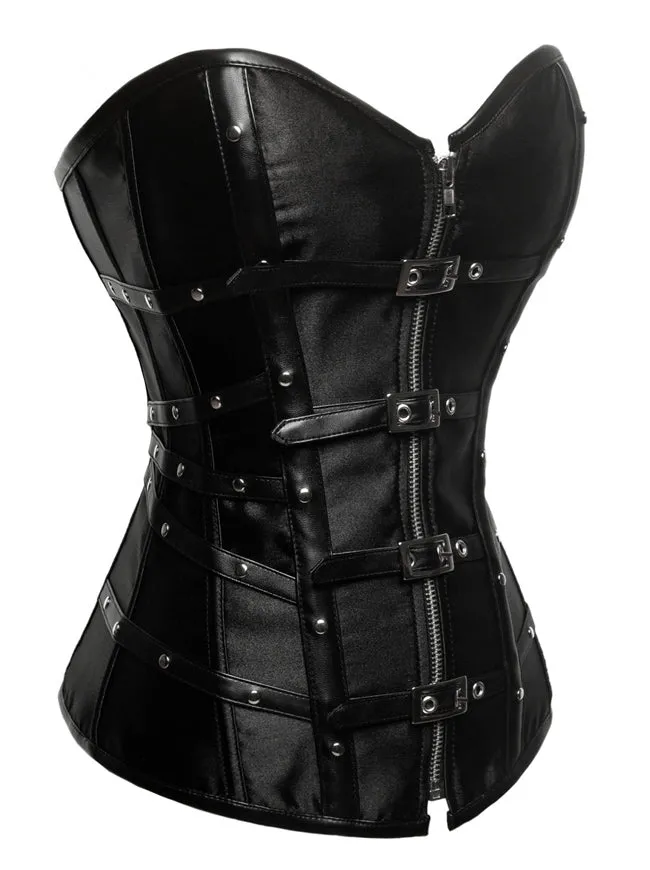 Charmian Gothic Punk Satin Boned Zipper Overbust Corset Top with Buckles