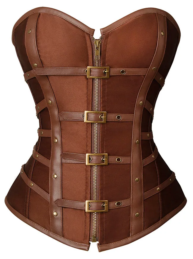 Charmian Gothic Punk Satin Boned Zipper Overbust Corset Top with Buckles