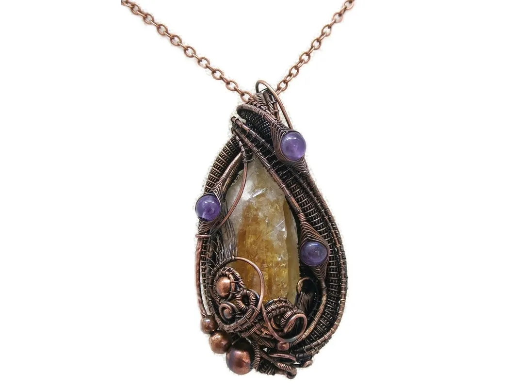 Citrine Crystal Wire Wrapped Pendant in Bronze with Amethyst