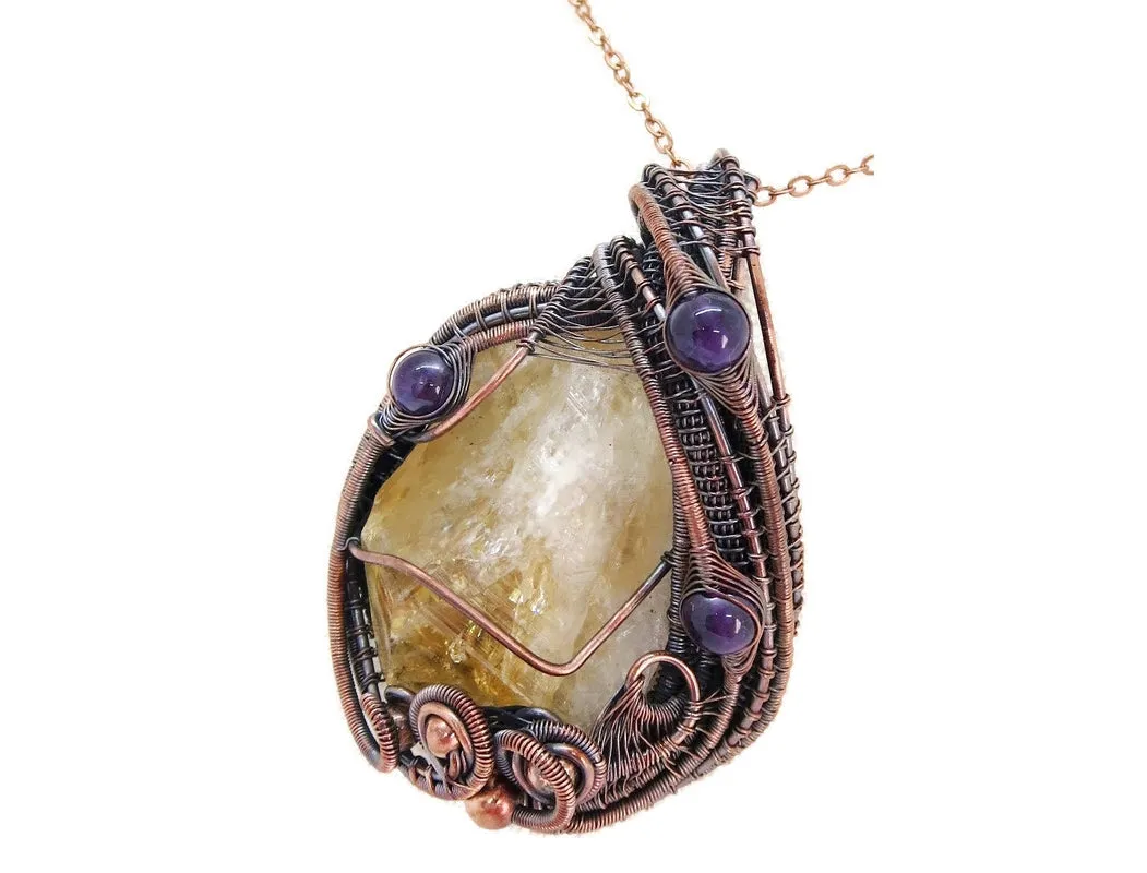 Citrine Crystal Wire Wrapped Pendant Necklace with Amethyst in Bronze