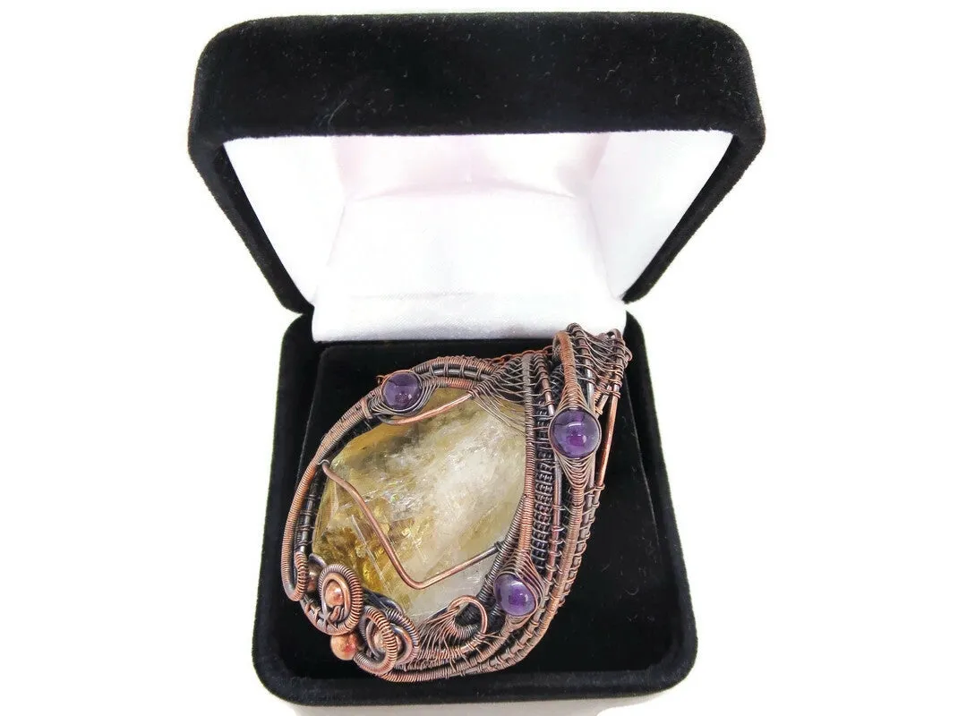 Citrine Crystal Wire Wrapped Pendant Necklace with Amethyst in Bronze