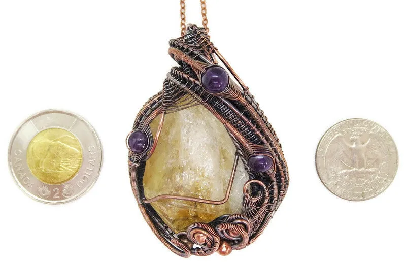 Citrine Crystal Wire Wrapped Pendant Necklace with Amethyst in Bronze