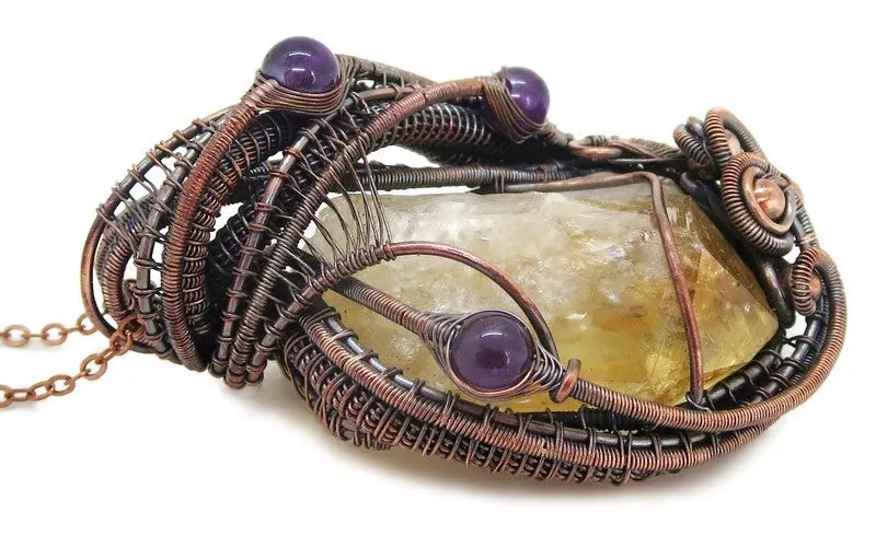 Citrine Crystal Wire Wrapped Pendant Necklace with Amethyst in Bronze