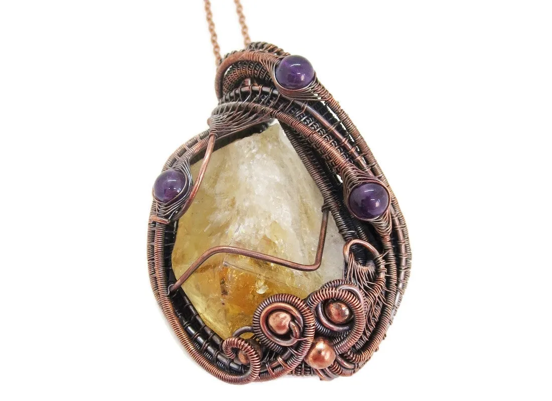 Citrine Crystal Wire Wrapped Pendant Necklace with Amethyst in Bronze