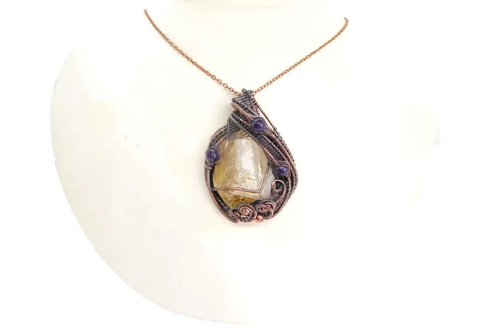Citrine Crystal Wire Wrapped Pendant Necklace with Amethyst in Bronze