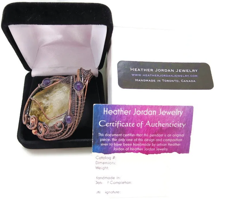 Citrine Crystal Wire Wrapped Pendant Necklace with Amethyst in Bronze