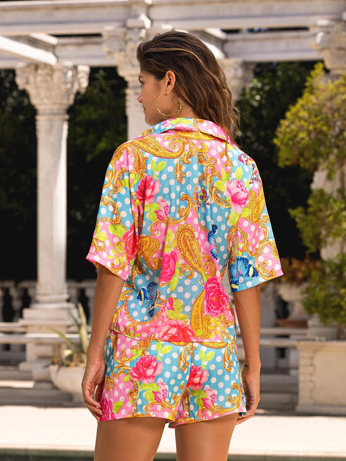 Collared Sleeve Button Up Shirt-Elastic Waistband Short