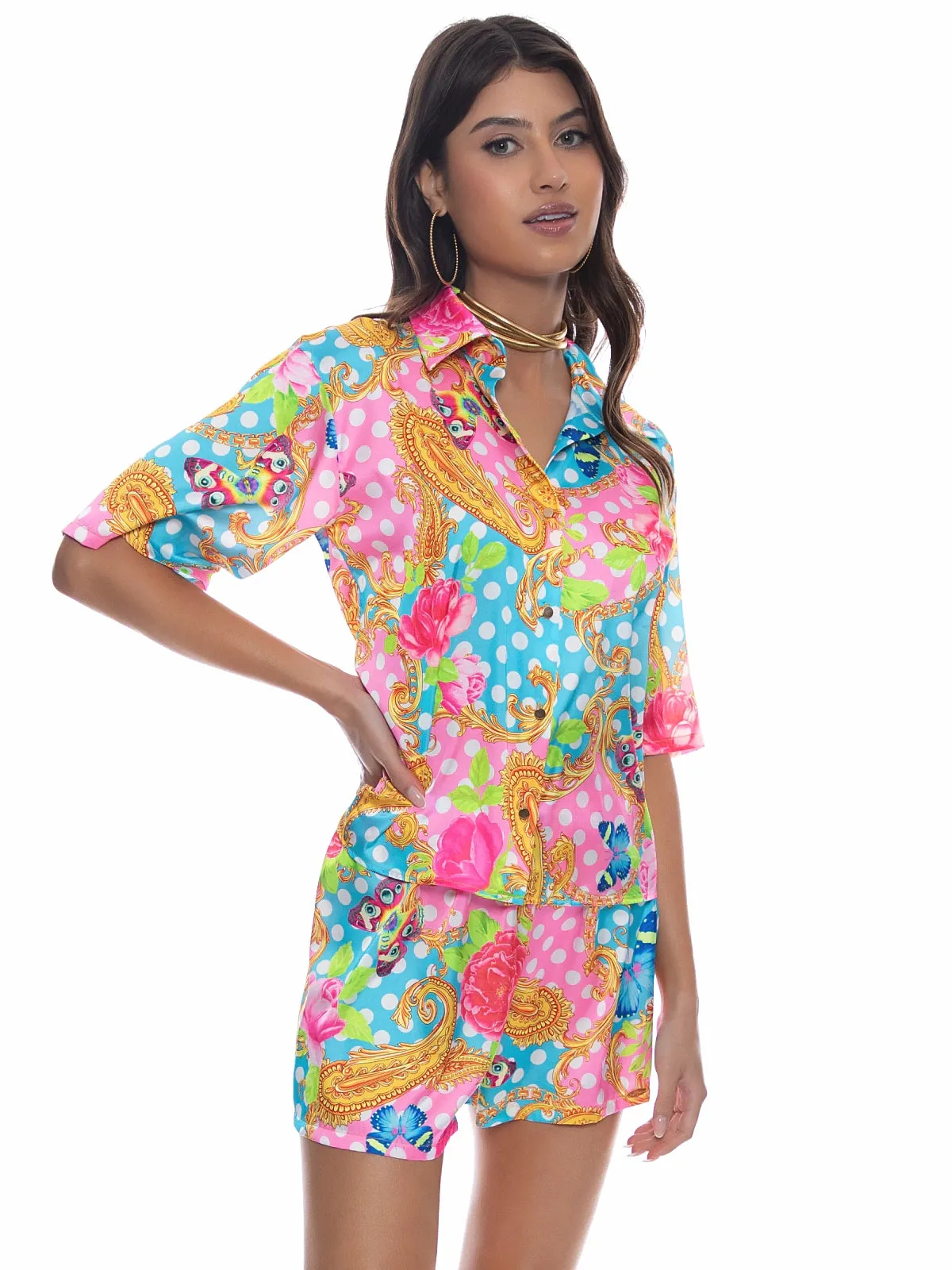 Collared Sleeve Button Up Shirt-Elastic Waistband Short