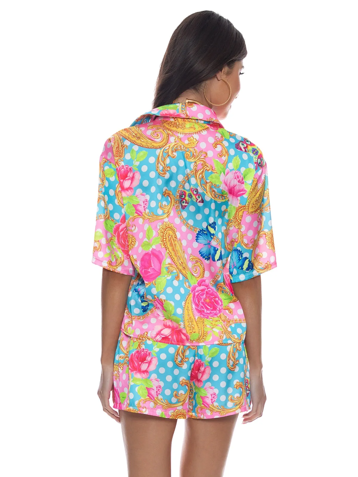 Collared Sleeve Button Up Shirt-Elastic Waistband Short