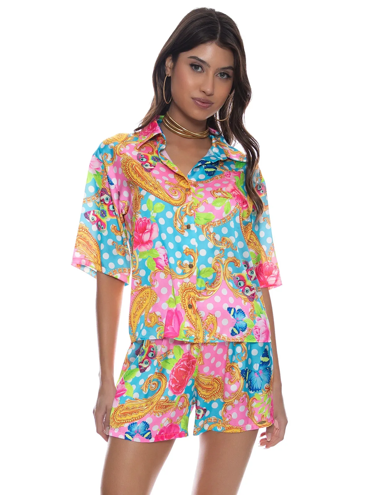 Collared Sleeve Button Up Shirt-Elastic Waistband Short