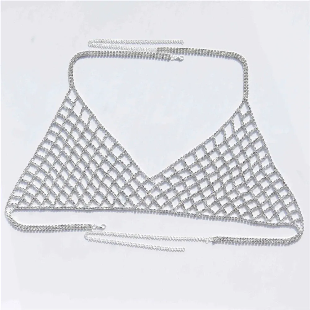 Crystal Rhinestone Chest Chain Sling Bra with Sparkling Mesh