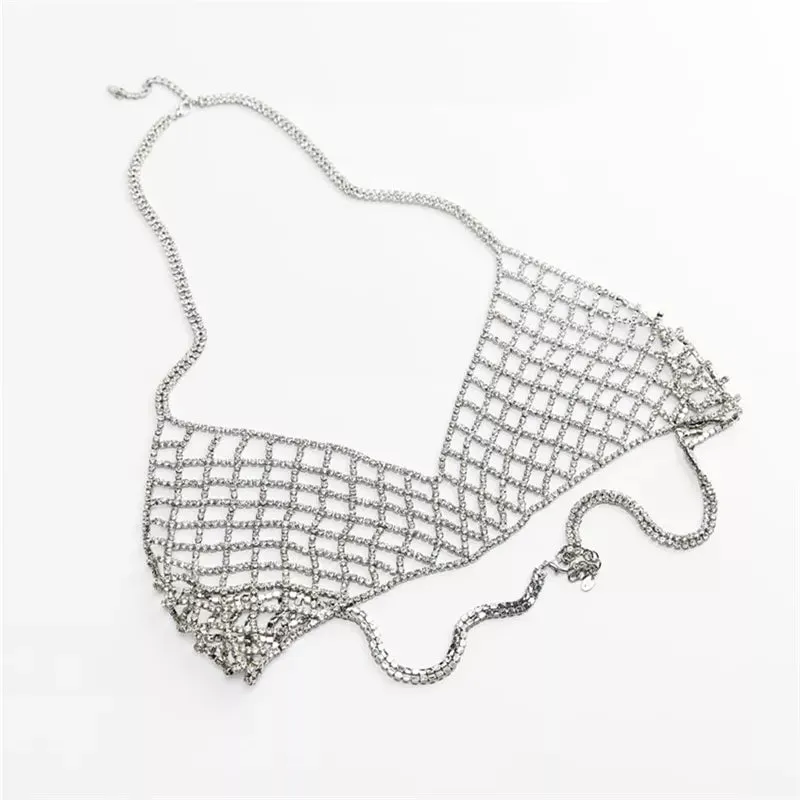 Crystal Rhinestone Chest Chain Sling Bra with Sparkling Mesh