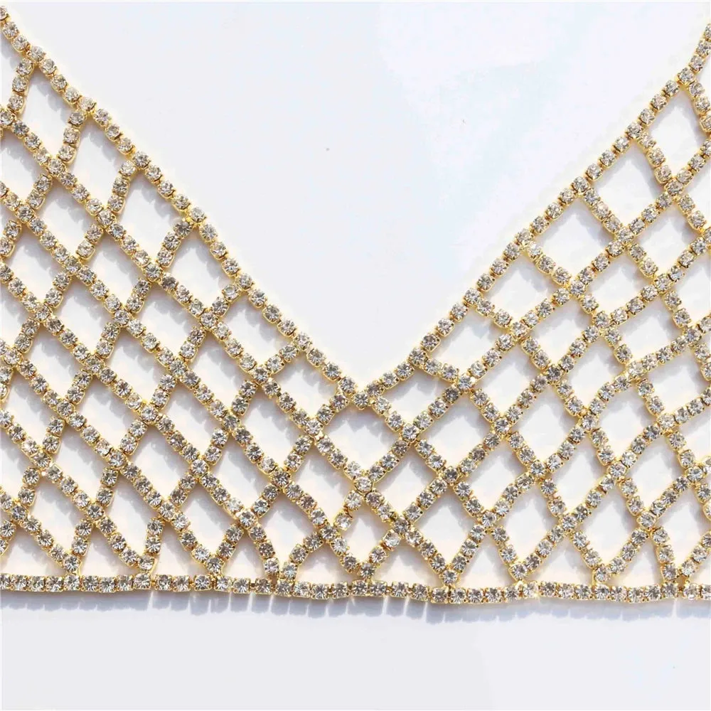 Crystal Rhinestone Chest Chain Sling Bra with Sparkling Mesh