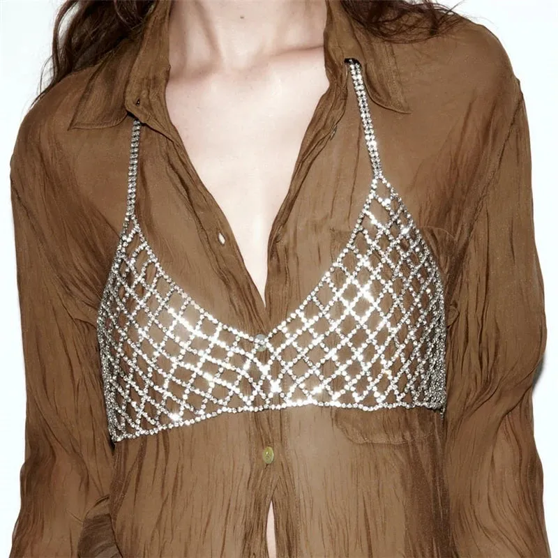 Crystal Rhinestone Chest Chain Sling Bra with Sparkling Mesh