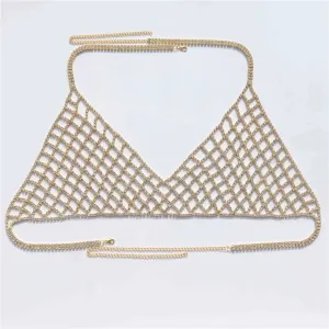 Crystal Rhinestone Chest Chain Sling Bra with Sparkling Mesh