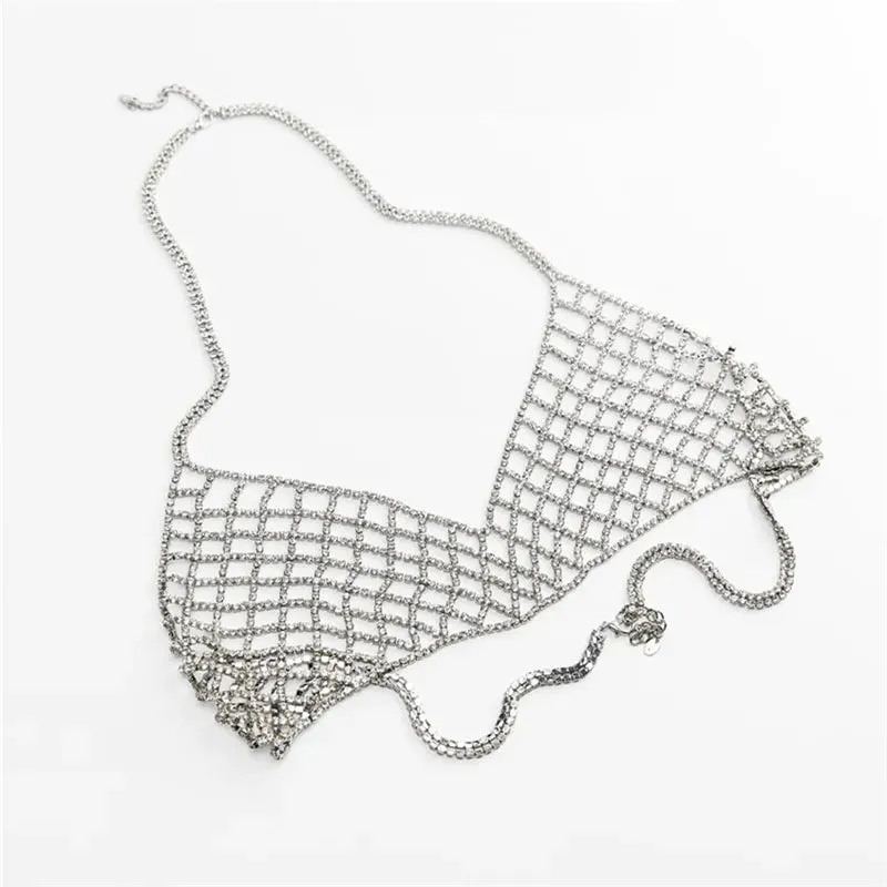 Crystal Rhinestone Chest Chain Sling Bra with Sparkling Mesh