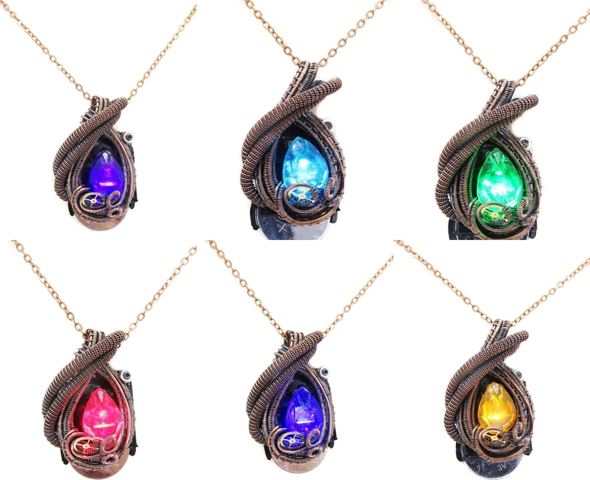 Custom Color Steampunk Resin Gem LED Pendant in Bronze