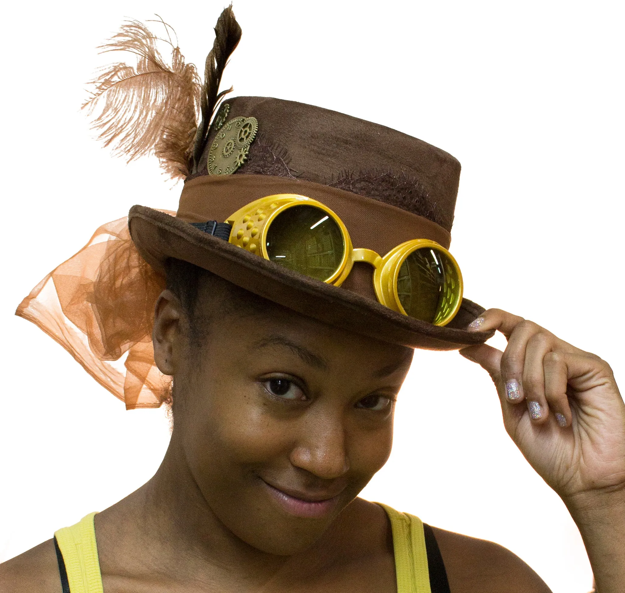 Deluxe Velvet 4.25 Inch Steampunk Top Hat with Removable Goggles