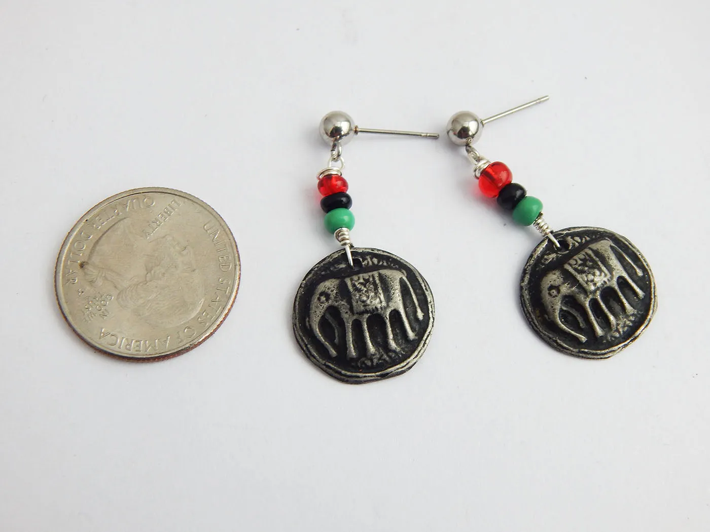 Elephant Earrings Post Dangle RBG Pan African Small Pewter