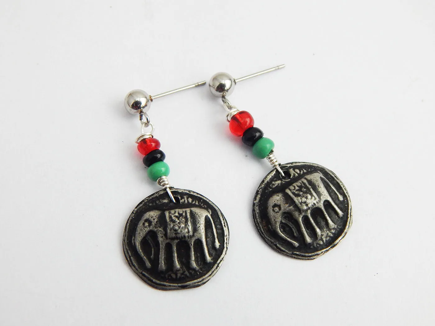 Elephant Earrings Post Dangle RBG Pan African Small Pewter
