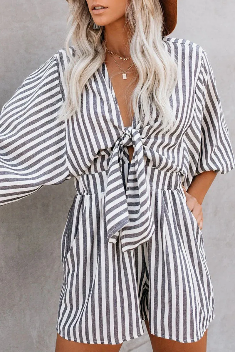 Fashion Elegant Striped Print Strap Design V Neck Loose Jumpsuits(6 Colors)