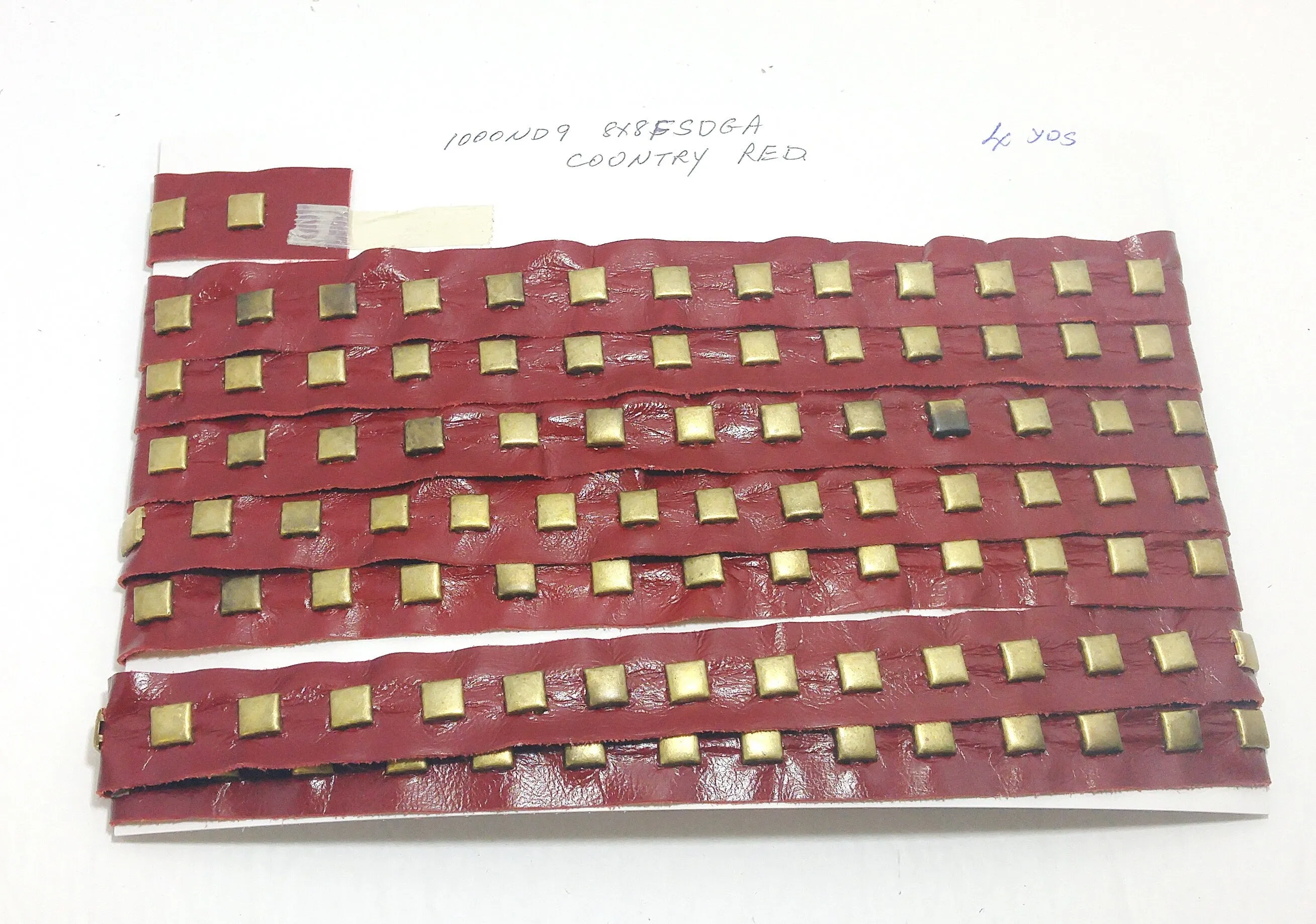 Genuine Cowhide Leather Trim 1 YD of 1" wide with Square Flat Nailhead Accent; edge binding; top stitch decoration; Country Red 3725XD9
