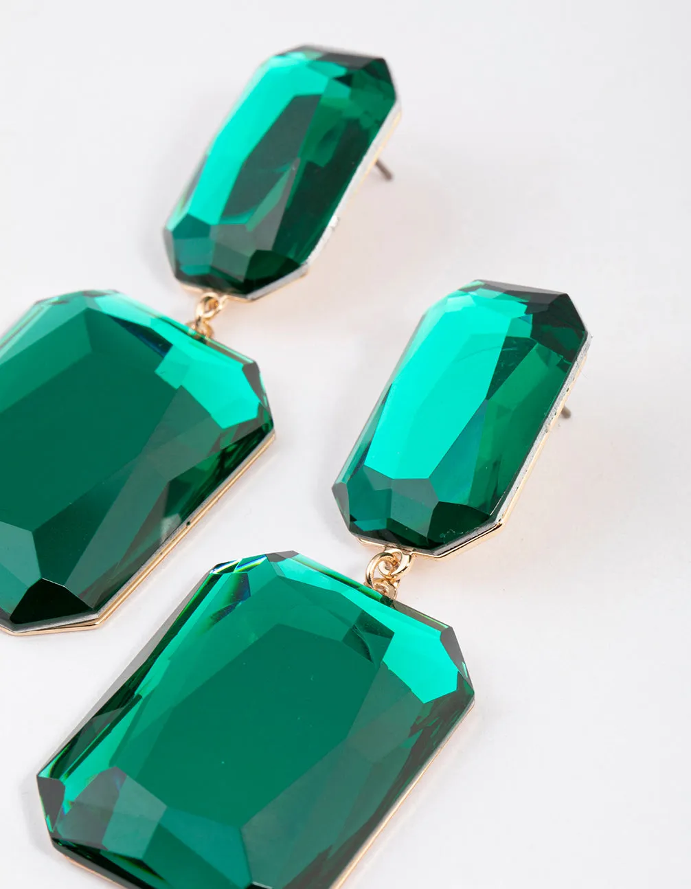 Gold Statement Square Double Stone Drop Earrings