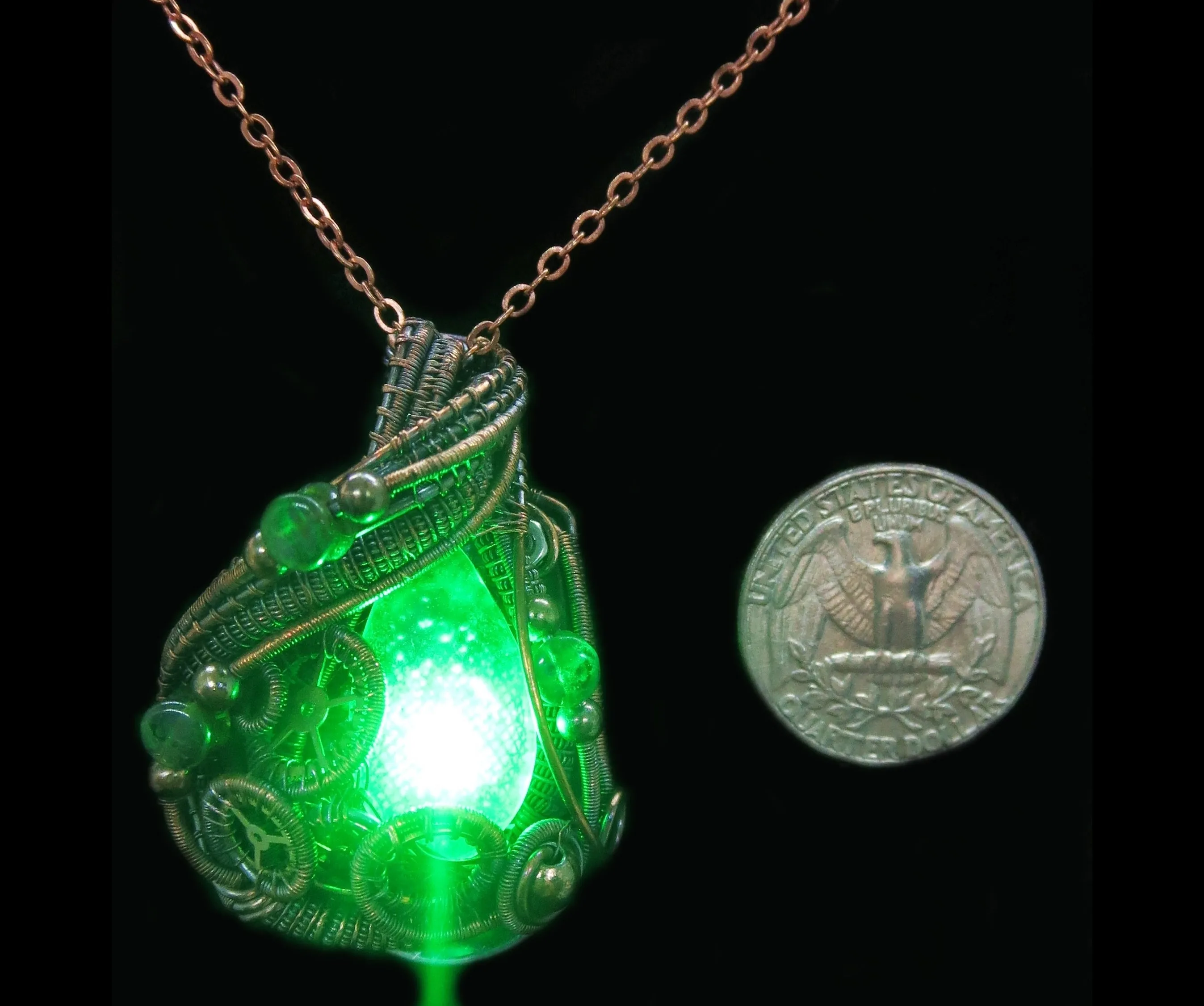 Green Teardrop Screened Resin Gem LED Steampunk Pendant in Bronze