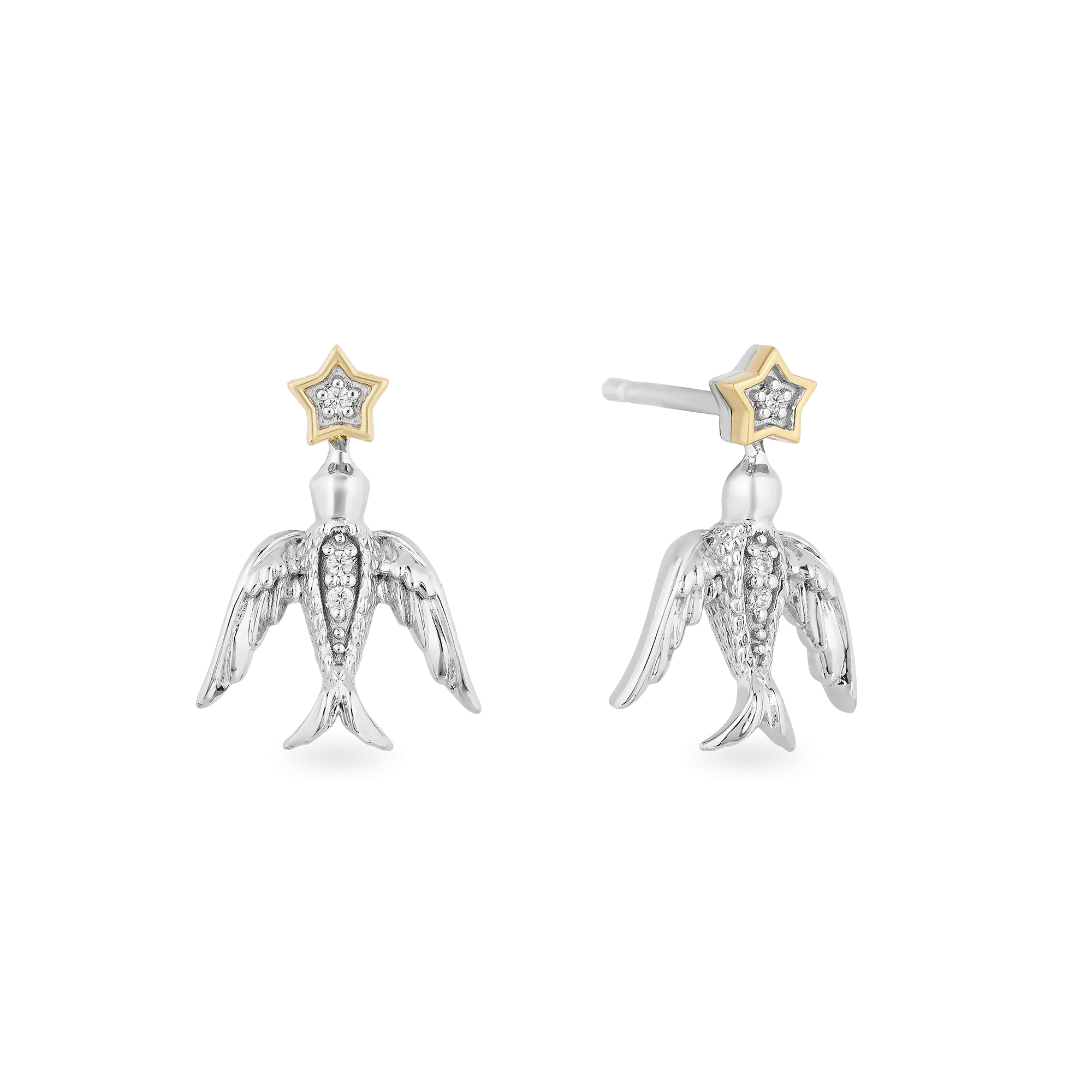 Hallmark Fine Jewelry Celestial Swallow Stud Earrings in Sterling Silver & 14K Yellow Gold with Diamonds