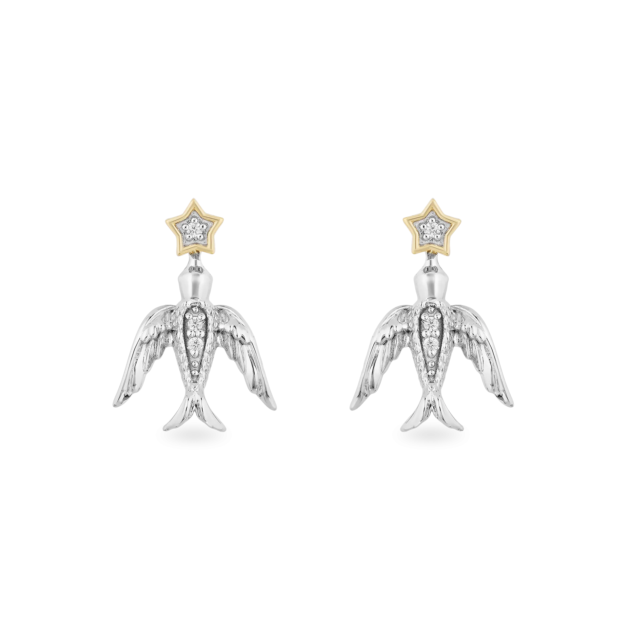 Hallmark Fine Jewelry Celestial Swallow Stud Earrings in Sterling Silver & 14K Yellow Gold with Diamonds