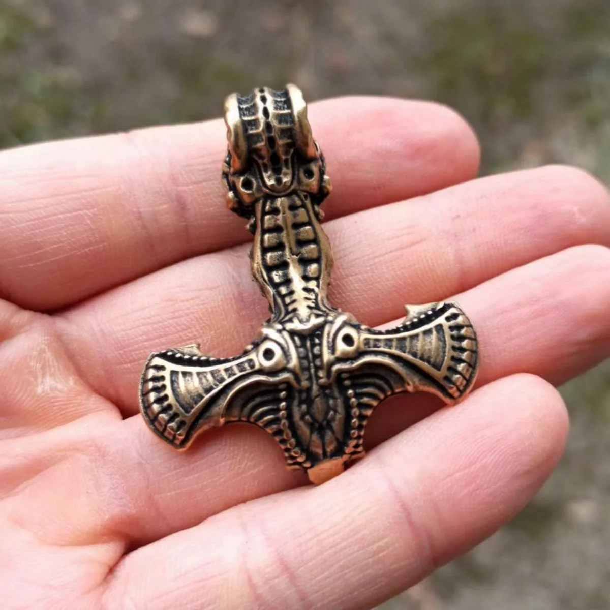 Hammer of Thor bronze skull pendant