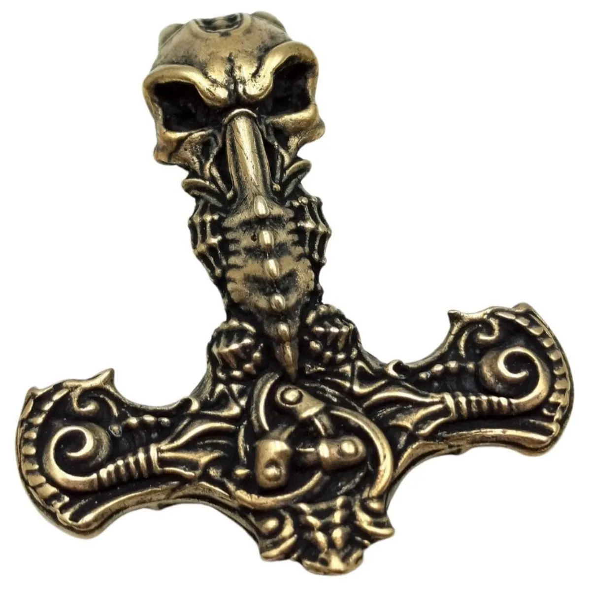 Hammer of Thor bronze skull pendant